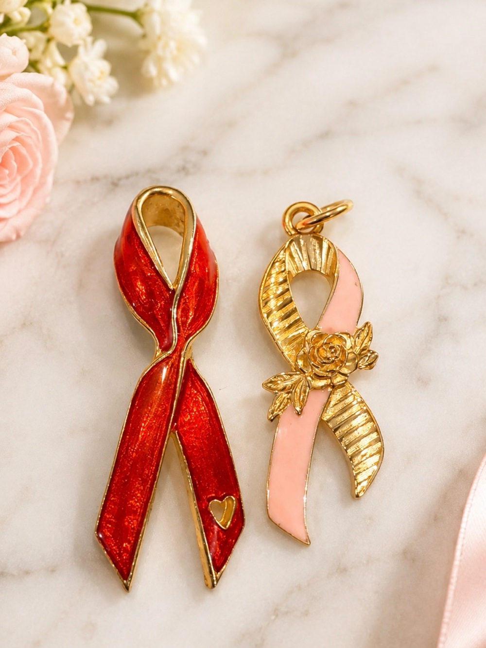 Vintage Gold Tone Enamel Breast Cancer and Awareness Jewelry Pin & Pendant